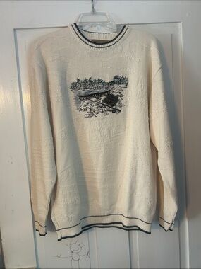 Vintage Crewneck Sweater Medium Cream Boat Embroidery Fishing Canoe Outdoor